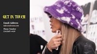 a woman wearing a purple fur hat with the text get it touch