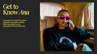 a woman in sunglasses is sitting in a car with the text get to know ana
